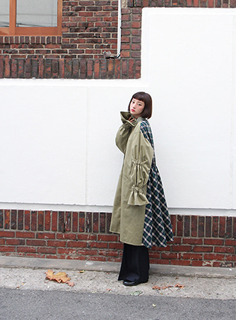 puff sleeves check military coat (2 colors)