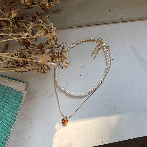brown heart + heart pearl 2set necklace