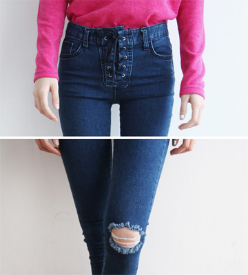 eyelet denim skinny jeans (2color/2size)