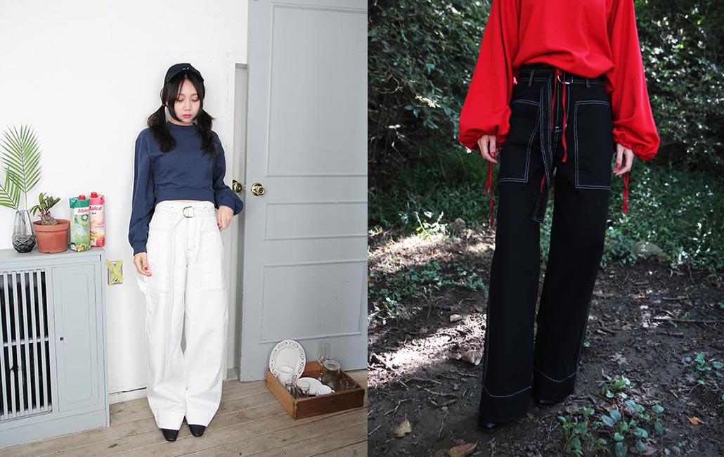 stitch wide pants w/ belt (2 colors)