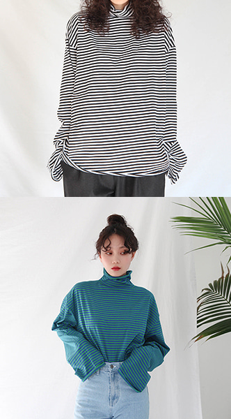 thin stripes turtleneck T-shirts (2 colors)