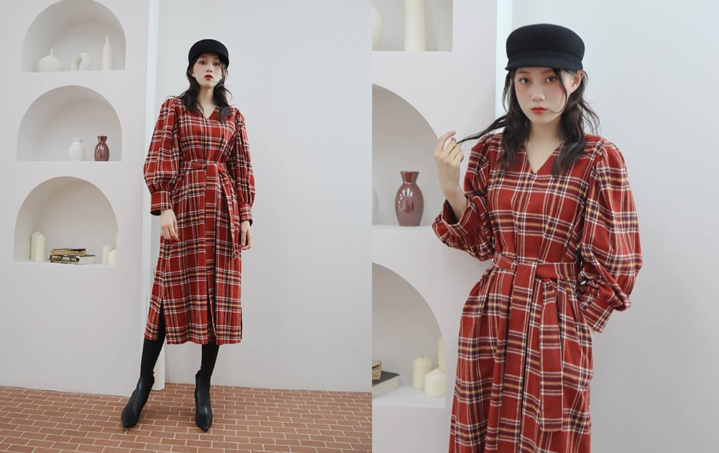check puff sleeve dress (2 colors)