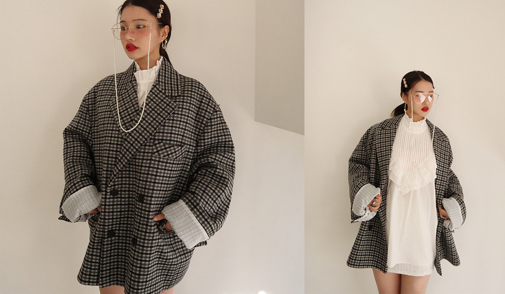 wool check double over jacket coat (2 colors)