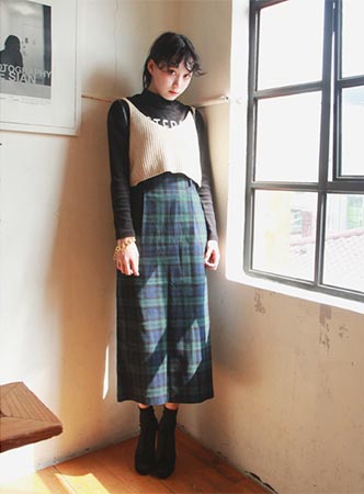 slit green check long skirt (only M size)