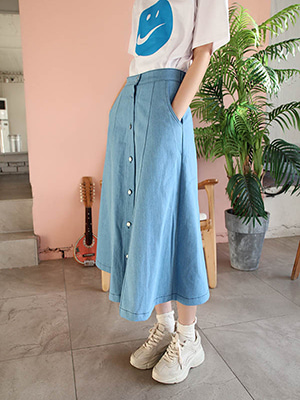 button denim flare long skirt (2 colors)