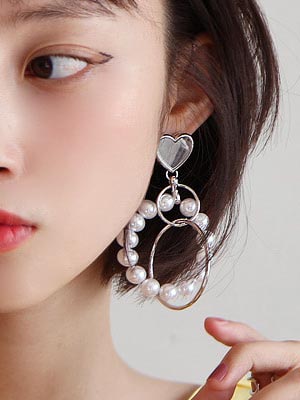 mirror heart pearl layer earrings