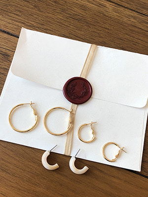 Ivory half ring + gold ring 3 set earring
