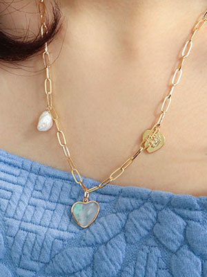 aurora heart+gold heart+pearl necklace