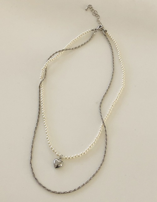 pearl cable heart 2line necklace