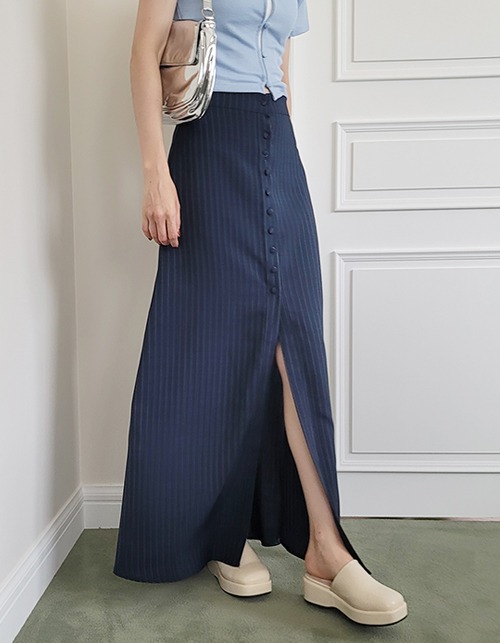 navy stripe button long skirts
